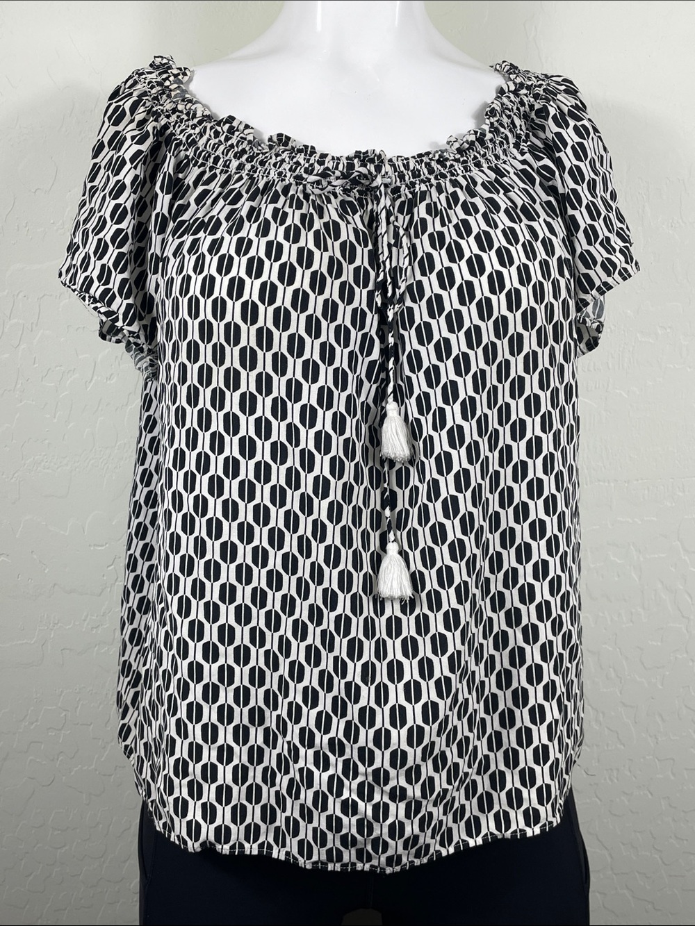 Black & White Geometric Off-Shoulder Peasant Top